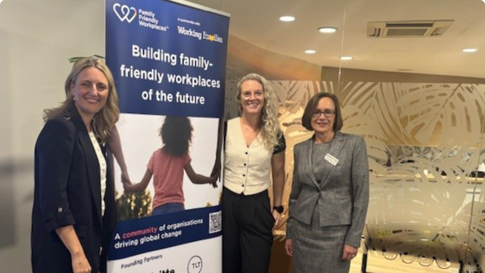 Emma Walsh, CEO Parents at Work, Emma Higgins, QBE and Jane van Zyl, CEO Working Families at an event at Australia House for Family Friendly Workplaces